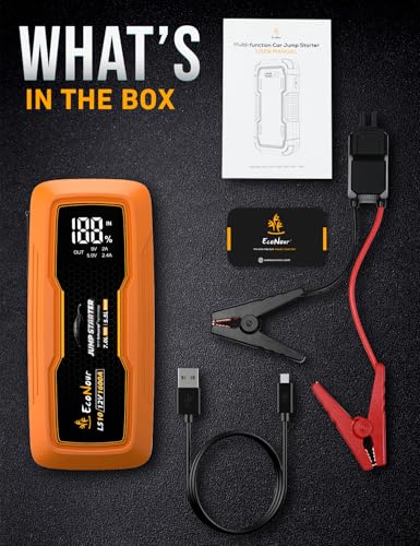 EcoNour car Battery Jump Starter 1600A Peak Up to 7L Gas & 5.5L Diesel Engines 12V Lithium Jump Box with Jumper Cables, USB Charger, LCD Display, LED Flashlight – for Cars, SUVs, Trucks - color: Orange