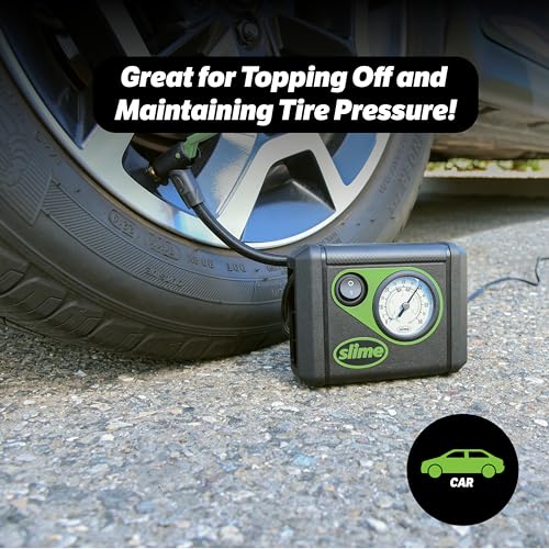 Slime 40059 Tire Inflator, Junior, Compact, Powerful, Portable Car Air Compressor, Lightweight, Analog, Flat Tire Repair, 12V, 12 min Inflation - style: Junior