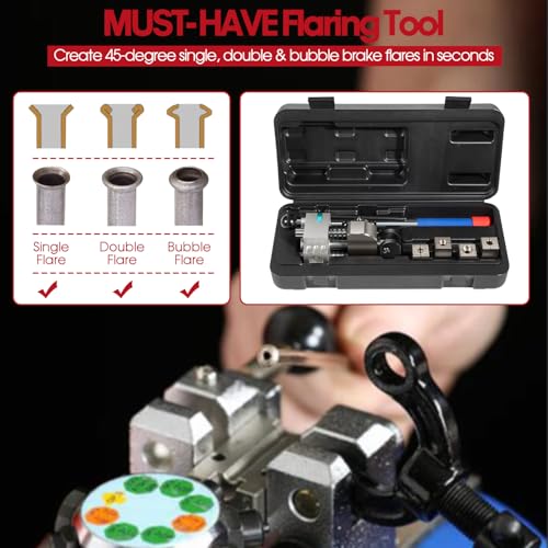Professional Brake Line Flaring Tool- 45 Degree Set - Single, Bubble, and Double Flare Tool Kit - Used with Various Tubes, with 4 Split Dies for 3/16”, 1/4”, 5/16”, 3/8” Tubing