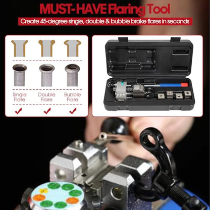 Professional Brake Line Flaring Tool- 45 Degree Set - Single, Bubble, and Double Flare Tool Kit - Used with Various Tubes, with 4 Split Dies for 3/16”, 1/4”, 5/16”, 3/8” Tubing