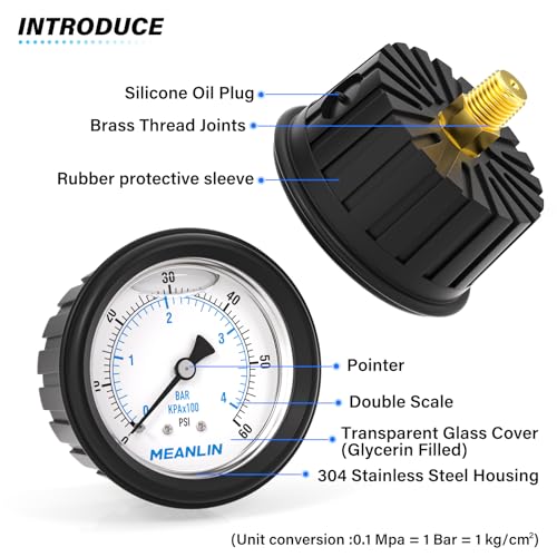 MEANLIN MEASURE 0~60Psi Stainless Steel Liquid Filled Pressure Gauge 1/4" NPT 2.5" FACE DIAL with Rubber Protective Sleeve, Center Back Mount - size: 0-60Psi
