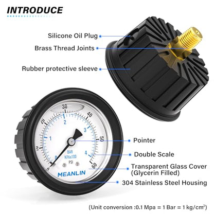 MEANLIN MEASURE 0~60Psi Stainless Steel Liquid Filled Pressure Gauge 1/4" NPT 2.5" FACE DIAL with Rubber Protective Sleeve, Center Back Mount - size: 0-60Psi