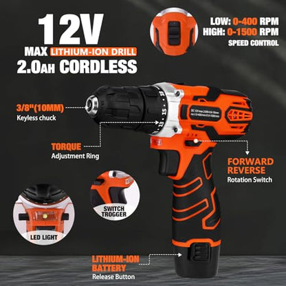 255-Piece Tool Set - Tool Kit with 12V Cordless Drill Driver, Toolbox Storage Case with Drawer, General Household Drill Set for DIY Projects, Home Repairs, Handyman