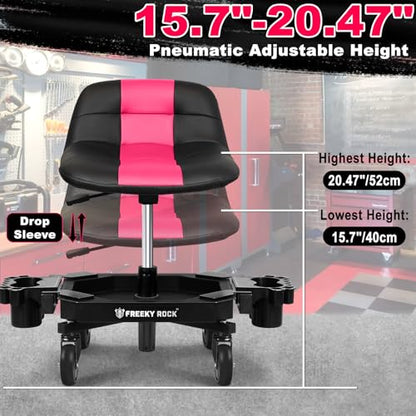 Rolling Stool with Wheels, Adjustable Height Pneumatic Garage Work Mechanic Stool Seat with Backrest, 400 LBS Capacity 360° Swivel Mechanic Crepper Chair with Tool Tray Storage, Pink - color: Pink