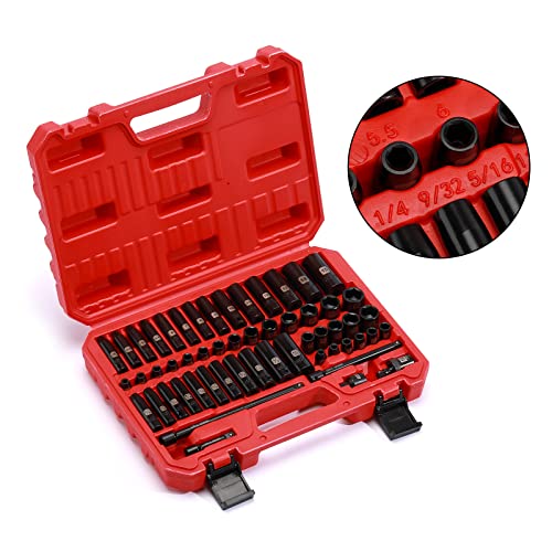 Mayouko 55PCS 1/4 Inch Drive Master Impact Socket Set, Metric/SAE, Deep/Shallow, 6 Point, CR-V, 5/32 Inch - 9/16 Inch, 4mm - 15mm, With Extensions,Adapters,Universal Joint - size: 55PCS With Accessory