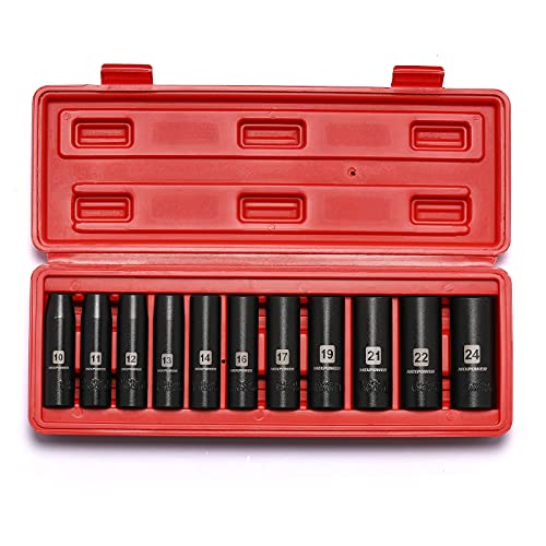 MIXPOWER 11-Piece 1/2-Inch Drive Deep Impact Socket Set, CR-V, Metric, 6 Point, Deep, 10-24mm - size: 10.0 mm - 24.0 mm (Deep, 11PCS)