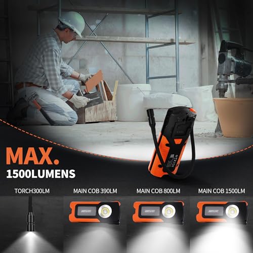 Work Light - LED Rechargeable Work Light with COB 1500LM & 300LM Portable Gooseneck USB Rechargeable - Magnetic Led Worklight, Work Lights Tool for Car Repair, Camping & Job Site Lighting