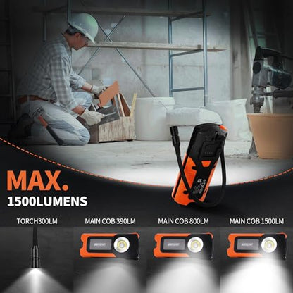 Work Light - LED Rechargeable Work Light with COB 1500LM & 300LM Portable Gooseneck USB Rechargeable - Magnetic Led Worklight, Work Lights Tool for Car Repair, Camping & Job Site Lighting