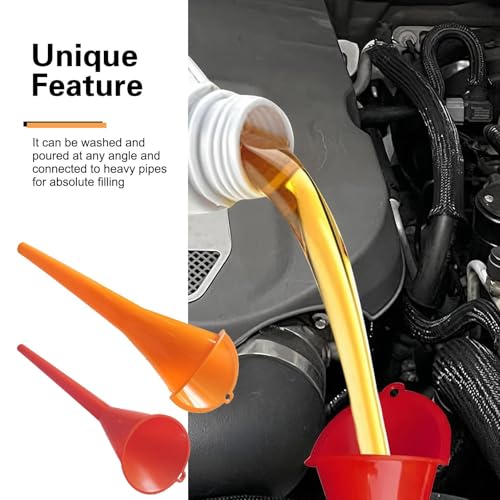 2 PCS Long Neck Oil Funnel, PP Anti-Spill No Cover Car Filling Funnel with Hanging Loop, Hand-Free Portable Oil Change Accessory, Suitable for Most Cars Motorcycles (Red)