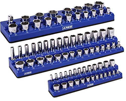 ARES 60036-3-Piece Blue Metric Magnetic Socket Organizer Set - Includes 1/4-Inch, 3/8-Inch, and 1/2-Inch Socket Holders - Holds Standard Size and Deep Size Sockets - Keeps Your Tool Box Organized - color: Blue (Mm), size: 1/4, 3/8, 1/2-Inch Drive - 3-Piec