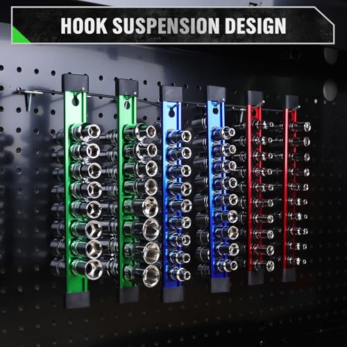 6-piece Socket Organizer Storage Set, 1/4-Inch, 3/8-Inch, 1/2-Inch Double Sided Aluminum Alloy Socket Holder Rail, Drive Socket Trays Holds 108 Sockets, 360° Swivel Clip Socket Holder Kit for Tool Box