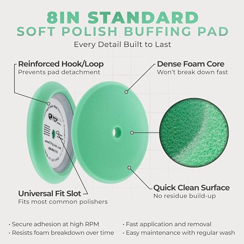 TCP Global 8" Green Foam Buffing Pad Final Cut Polish Hook and Loop Backing - Buffing Pad for Automotive, Marine, Truck, RV & Compound Cutting - color: Green