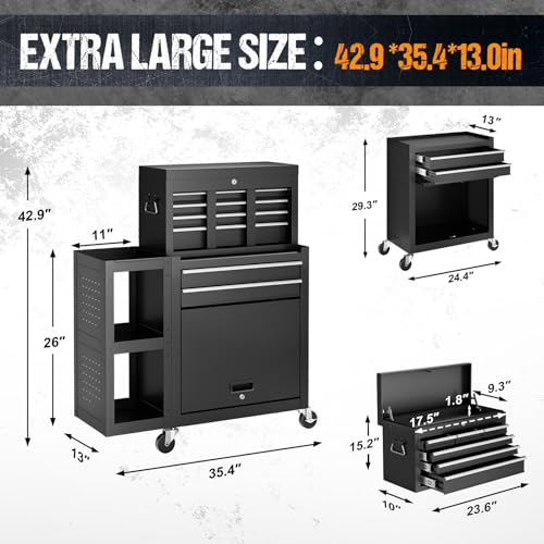 8-Drawer Rolling Tool Chest,3-in-1 Tool Box on Wheels with Lockable Steel Cabinet, Detachable Top Toolbox & Bottom Storage Cart with Additional Cabinet for Repair Room,Warehouse, Black New - size: 8 Drawers-Black New