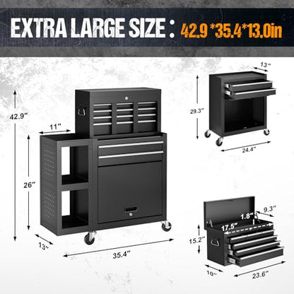 8-Drawer Rolling Tool Chest,3-in-1 Tool Box on Wheels with Lockable Steel Cabinet, Detachable Top Toolbox & Bottom Storage Cart with Additional Cabinet for Repair Room,Warehouse, Black New - size: 8 Drawers-Black New