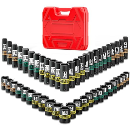 1/4" Drive Impact Socket Set, 50-Piece Standard SAE (5/32" - 9/16") and Metric (4 mm - 15 mm) Size, Deep and Shallow Sockets, Cr-V Steel, 6 Point, Auto Repair Bicycle Maintenance - size: 1/4"50pcs