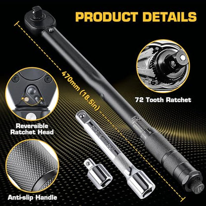 KOOPOOL 1/2 Torque Wrench, Torque Wrench 1/2 Drive, 10-170 Ft-Lb | 72-Tooth Reversible Ratchet, ±3% Precision,Dual Scale, for Car, Truck, Motorcycle Repair - size: 1/2" 10-150FT-LB