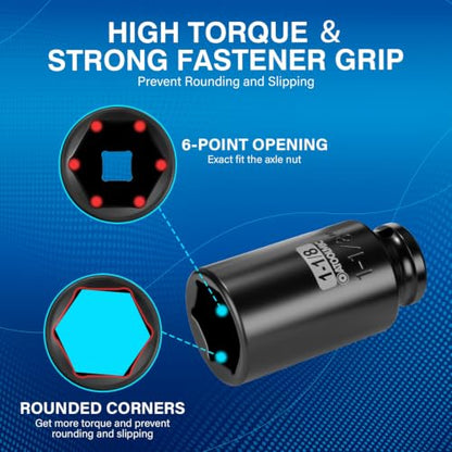 1/2" Drive x 1-1/8 Inch Deep 6PT CR-MO Impact Socket for Removing Axle nut | SAE Socket,6-Point Radius Corner Design,Two Size Markings,Square Chamfered Opening,For Removal of Axle Nut - size: 1-1/8 Inch, style: 1/2" Drive Deep Socket