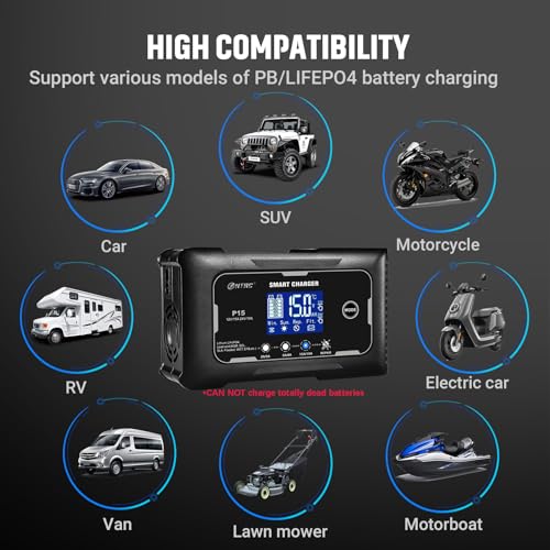 SolaMr Lithium Lifepo4 Battery Charger, 15 Amp 12V and 24V Portable Smart Car Battery Charger, Trickle Charger for Lead-Acid(AGM/Gel/SLA), Deep Cycle Charger for Marine, RV, Motorcycle (P15) - size: P15 Battery Charger
