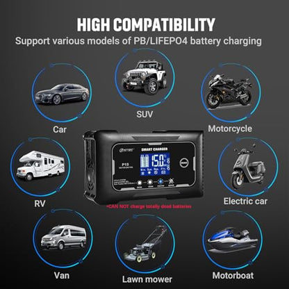 SolaMr Lithium Lifepo4 Battery Charger, 15 Amp 12V and 24V Portable Smart Car Battery Charger, Trickle Charger for Lead-Acid(AGM/Gel/SLA), Deep Cycle Charger for Marine, RV, Motorcycle (P15) - size: P15 Battery Charger