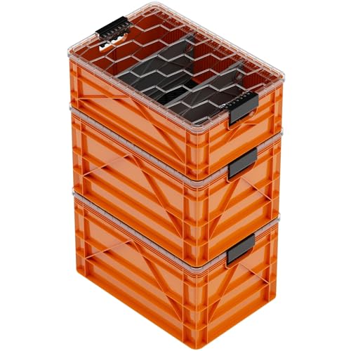 SIDIO Pro Pack, HD Stackable Storage Bins with Lids & Dividers, Orange | Includes 2 full-size & 1 half-size crates, lids & dividers, durable organizer for home, garage & outdoor use, USA made - color: Orange