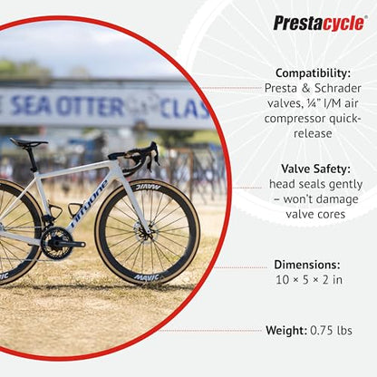 Prestaflator Bike Tire Inflator, Presta & Schrader Valve Air Compressor Tool – Works with Tubeless & Standard Tires – Bike & Car Air Compressor Tire Inflator for MTB & Road Bikes