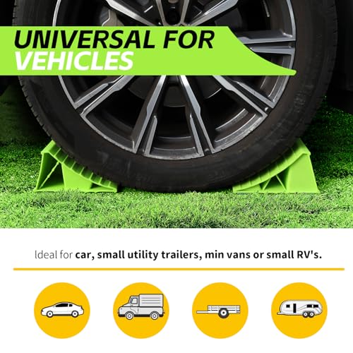 MaxxHaul High Visibility Polypropylene Wheel Chocks 2-Pack 8.4" x 4.75" x 4.25" Non-Slip Base Lightweight Durable Tire Chocks for Cars Trailers and Small RVs Neon Green (50230) - size: 8.4" x 4.75" x 4.25" - Pair