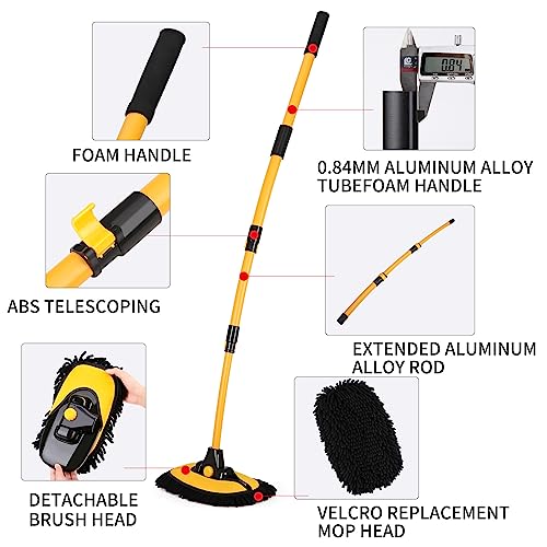 57'' Car Wash Brush with Long Handle Chenille Microfiber Car Wash Kit， Mitt Retractable Bent Pole Car Wash Brush for Cars RV Truck Boat (Yellow) - color: Yellow