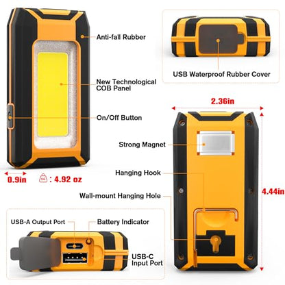 Favorlite 2-Pack Rechargeable LED Work Light, 1600LM Magnetic Portable | Phone Charging, 12-Hr Battery, Waterproof, Car Repair, Camping, Garage & Emergency Use