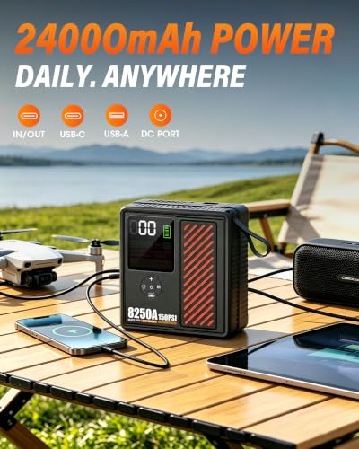 JFEGWO 8250A Jump Starter with 150PSI Air Compressor, 12V Car Battery Booster, 24000mAh Portable Tire Inflator for 12L Gas/10L Diesel, LED Display, LED Light, Storage Case, Jumper Cables