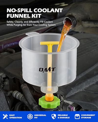 OMT 17 Piece No Spill Coolant Funnel Kit, Leakproof Coolant Bleeder Kit | Radiator Funnel Set for Easy Coolant Refilling with Adapters & Caps, Compatible with GM Ford, Universal Vehicles(No liquid)
