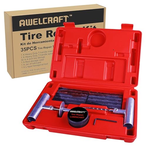 AWELCRAFT 35-Piece Heavy Duty Tire Plug Kit – Professional Flat Tire Repair for Car, Truck, Motorcycle, ATV, SUV – T-Handle Tools, Storage Case – Easy Puncture Repair, No Tire Removal Needed - size: 35 Piece Repair Kit