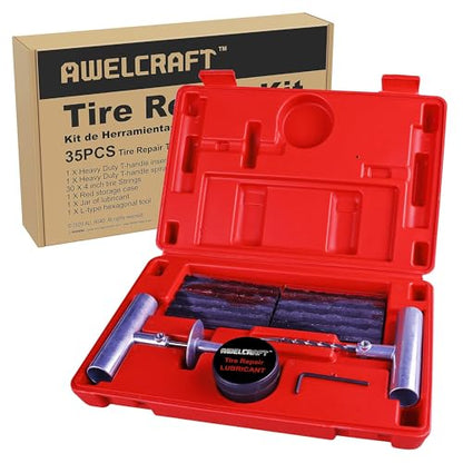 AWELCRAFT 35-Piece Heavy Duty Tire Plug Kit – Professional Flat Tire Repair for Car, Truck, Motorcycle, ATV, SUV – T-Handle Tools, Storage Case – Easy Puncture Repair, No Tire Removal Needed - size: 35 Piece Repair Kit