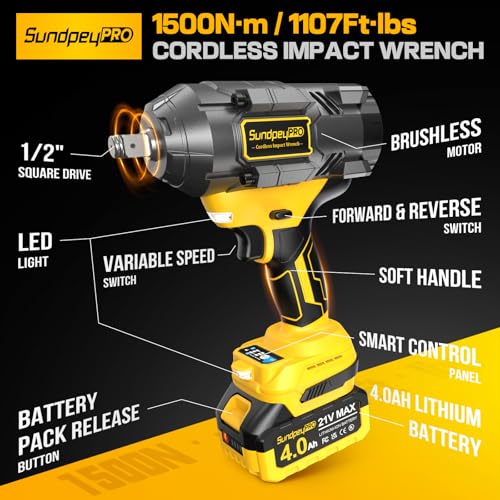 1/2" Cordless Impact Wrench - 1107Ft-lbs（1500N·m）21V 3 Speed High Torque Brushless Impact Gun with 2 x 4.0Ah Batteries & Charger & 6 Sockets & 5" extension bar for Tire Removal Rusted Bolts