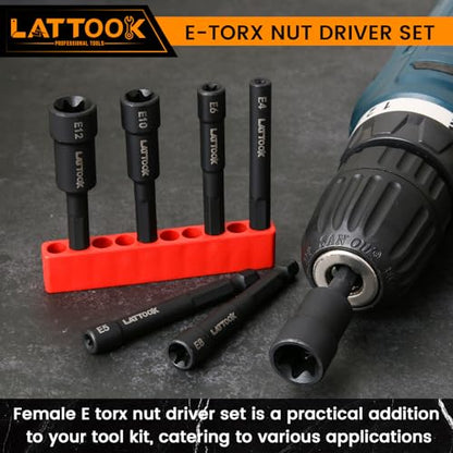 7PCS E-TORX Nut Driver Set | 1/4'' Hex Shank, Female Torx Nut Driver, External Star Nut Driver Set for Impact Drill, E4 E5 E6 E8 E10 E12 E14