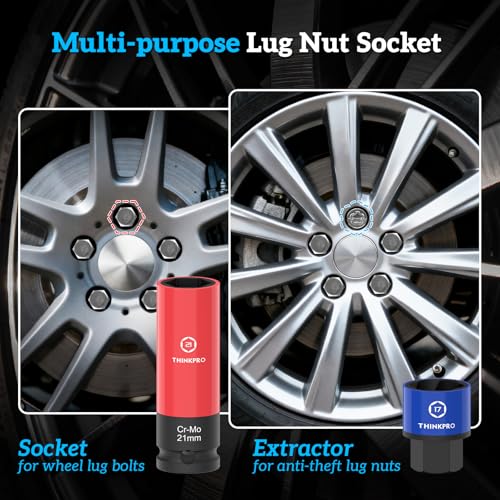 Impact Lug Nut Socket Set-7 Pieces Thin Wall Impact Sockets,17,19,21 mm Non-Marring Deep Wheel Lug Nut Sockets Come with Bolt Extractor for Anti-Theft Wheel Nuts