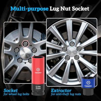 Impact Lug Nut Socket Set-7 Pieces Thin Wall Impact Sockets,17,19,21 mm Non-Marring Deep Wheel Lug Nut Sockets Come with Bolt Extractor for Anti-Theft Wheel Nuts
