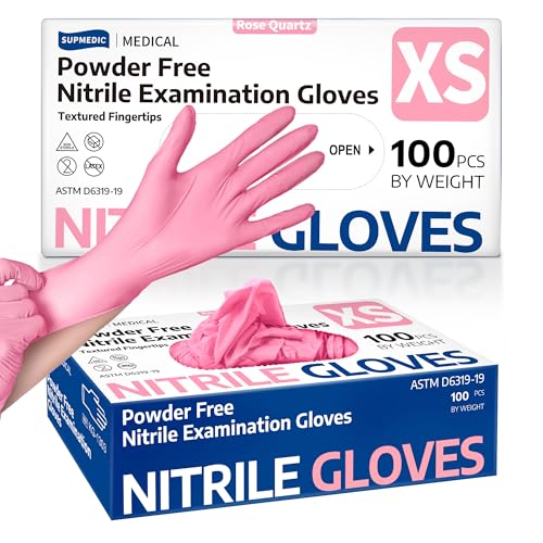 Supmedic Medical Nitrile Exam Gloves, 3.5 mil Powder-Free Food-Safe Disposable Glove for Cooking Cleaning Esthetician 100 Pcs - color: X-small (Rose Quartz)