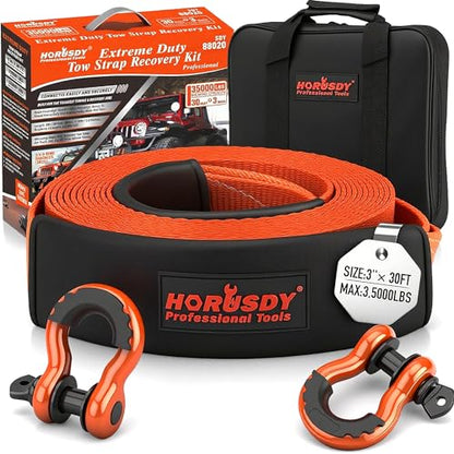 HORUSDY Nylon Heavy Duty Tow Strap Recovery Strap with Hooks 3" x 30Ft - 35,000 LBS Break Strength, 3/4 D Ring Shackles (2pcs), Recover Your Vehicle Stuck in Mud/Snow - style: 35,000 LBS Break Strength, 3/4 D Ring Shackles (2pcs)