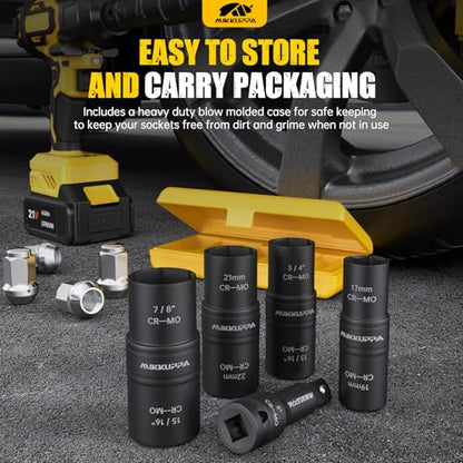 MIKKUPPA 5 PCS 1/2" Drive Impact Socket Set, Flip Socket Set, Cr-Mo Steel, Includes 3 Inch Bar Extension, Double Side Half Size Lug Nut Extractor Set
