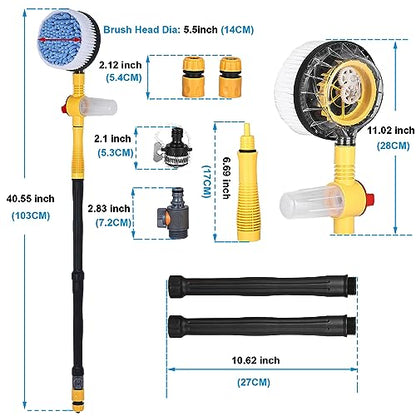 Toolly Car Wash Brush Cleaning Kit, 360° Spin Car Mop, Microfiber Rotating Car Cleaning Brush, Detachable & Extendable Scrub Brush, Garden Hose Spray Nozzle Spray Gun for Cars, Yards, Garden, Pets
