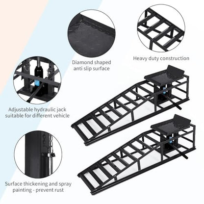 Heavy Duty Low Profile Hydraulic Lift Ramps, 2 Pack, 5 Ton (11000 lbs) Capacity - Adjustable Height 9.8"–16.2" - for Garage Repair, Oil Changes - Black - color: Black