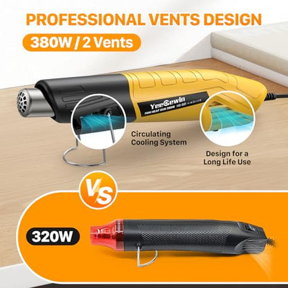 Mini Heat Gun 380W Fast Heat Hot Air Gun 2-Temp Settings 480°F-850°F(249°C-455°C) With Overheat Protection Reflector Nozzle, 4.9Ft Cable for Shrink Wrap, Vinyl, Crafts, Epoxy Resin (Yellow) - color: Yellow