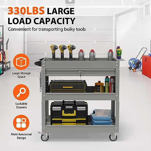 3-Tier Heavy Duty Utility Cart on Wheels, Rolling Tool Cart on Wheels with a Drawer, 350 Lbs Load Capacity Service Cart for Warehous, Garage and Repair Shop (Grey) - color: Gray