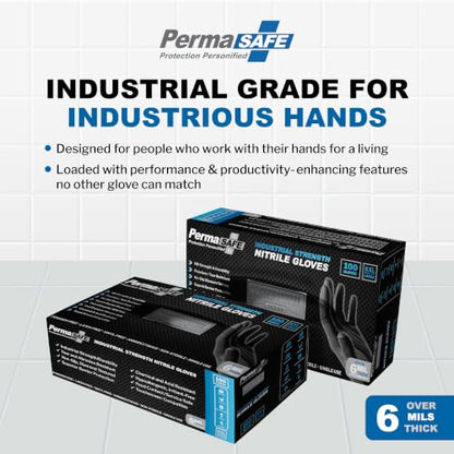 PermaSafe Black Nitrile Gloves | Heavy Duty 6+ Mil Industrial Grade Protection | Powder and Latex-Free Nitrile Disposable Gloves with Raised Textured Grip | Ideal for Mechanics, Other HD Uses & More