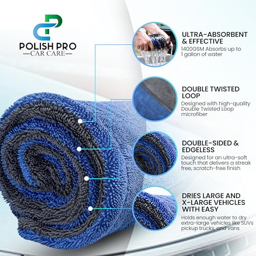 Polish Pro Microfiber Car Drying Towel, Set of 3pcs: X-Large 35"x 24" + Small 16"x16" + Free Wash Mitt, Ultra Absorbent, Microfiber Drying Towel for Cars. 1400GSM.