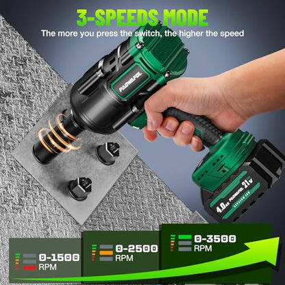 2026 New Upgrade 1106ft-lbs(1500N.m) Impact Wrench, High Torque 1/2 Impact Gun with 21V 2x4.0AH Battery, Fast Charger & 5 Sockets, 3500IPM Brushless Impact Driver for Home Car Truck Tires - color: Green