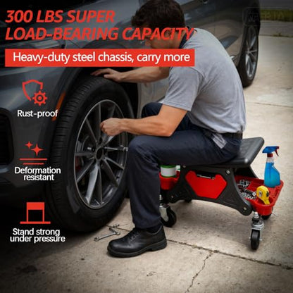 Mechanic Stool, Garage Stool, 300 LBS Capacity Heavy Duty | Rolling Mechanics Seat with Two Tool Trays and Drawer, Tools for Automotive Auto Repair