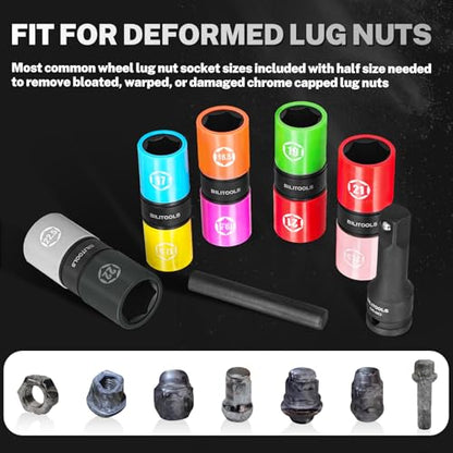 BILITOOLS 5pcs Half Size Flip Socket Set, 1/2" Drive Lug Nut Socket Set | CR-MO Steel, 5 Dual-End Flip Sockets 17/17.5-22/22.5mm, for Swollen Lug Nuts, Non-Marring Sleeves, Ext Bar & Knockout Rod - style: Half Size Metric (0.5mm Increment)