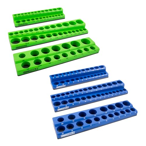 OEMTOOLS 22461 6 Pack Set Metric and SAE Magnetic Socket Tray Set, Green and Blue Socket Organizers, 1/4, 3/8, 1/2 Inch Drive Socket Organizer Tray Set - style: Green and Blue