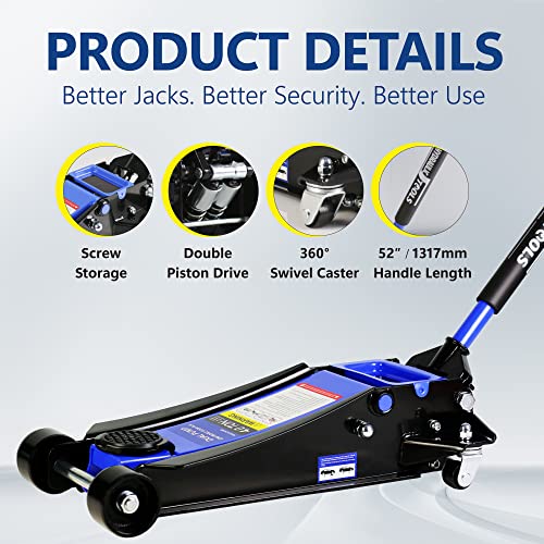 4T Low Profile Steel Floor Jack, 8000 lb, Dual Pump, 4"-21" Lift | Heavy-duty steel, dual-piston quick lift, low profile, 4"-21" range, overload safety protection. - size: 4T Dual Pump 4"-21"